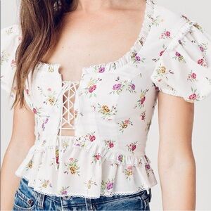 For Love and Lemons White Wildflower Puff Sleeve Lace-Up Ruffle Top Size Medium